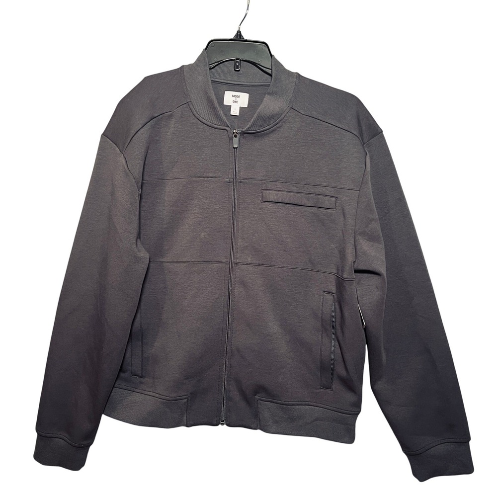 Macy's Mode of One Fleece Wall Bomber Jacket Large Ebony Gray Zip Front‎